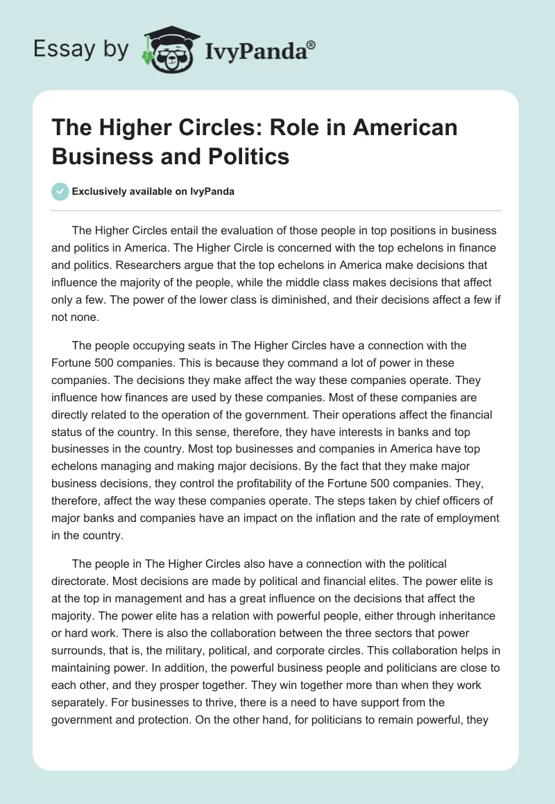 The Higher Circles: Role in American Business and Politics. Page 1