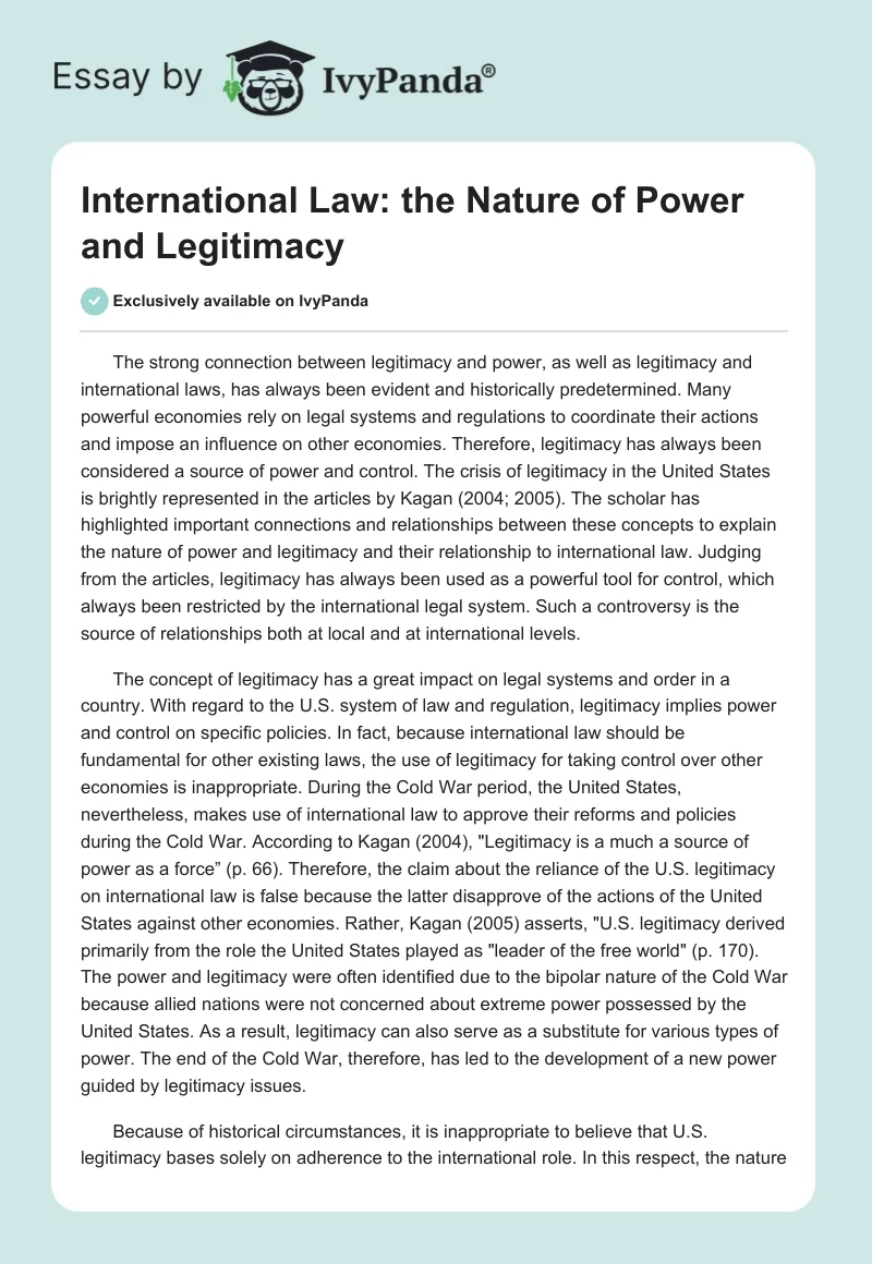 International Law: the Nature of Power and Legitimacy. Page 1