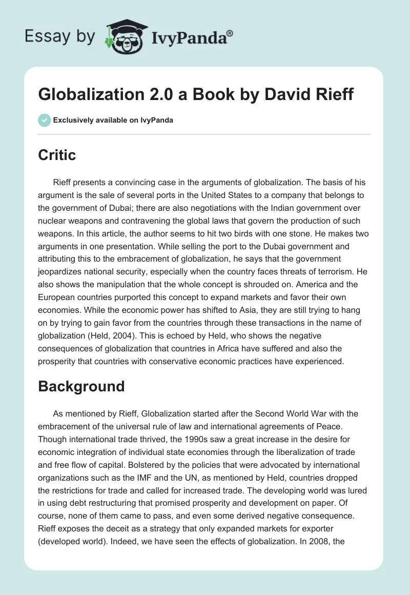 "Globalization 2.0" a Book by David Rieff. Page 1