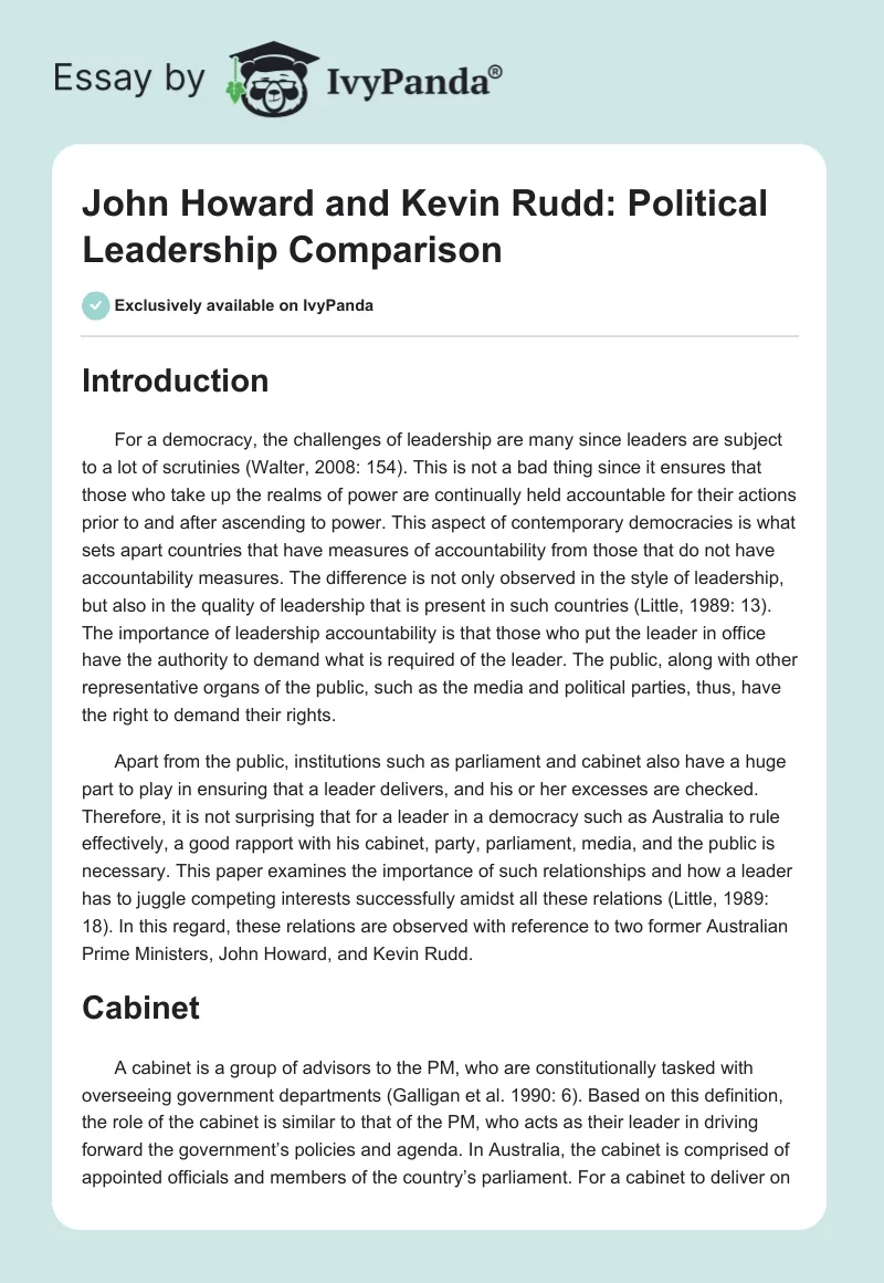 John Howard and Kevin Rudd: Political Leadership Comparison. Page 1