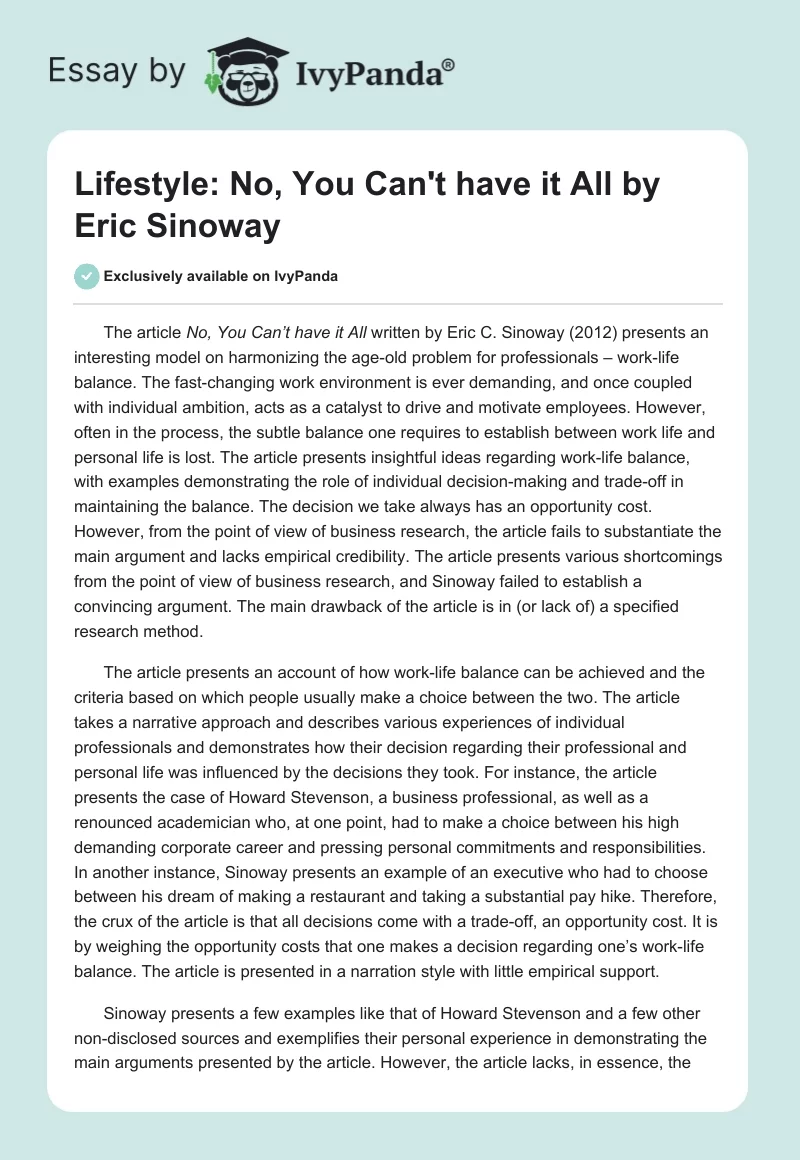 Lifestyle: "No, You Can't have it All" by Eric Sinoway. Page 1
