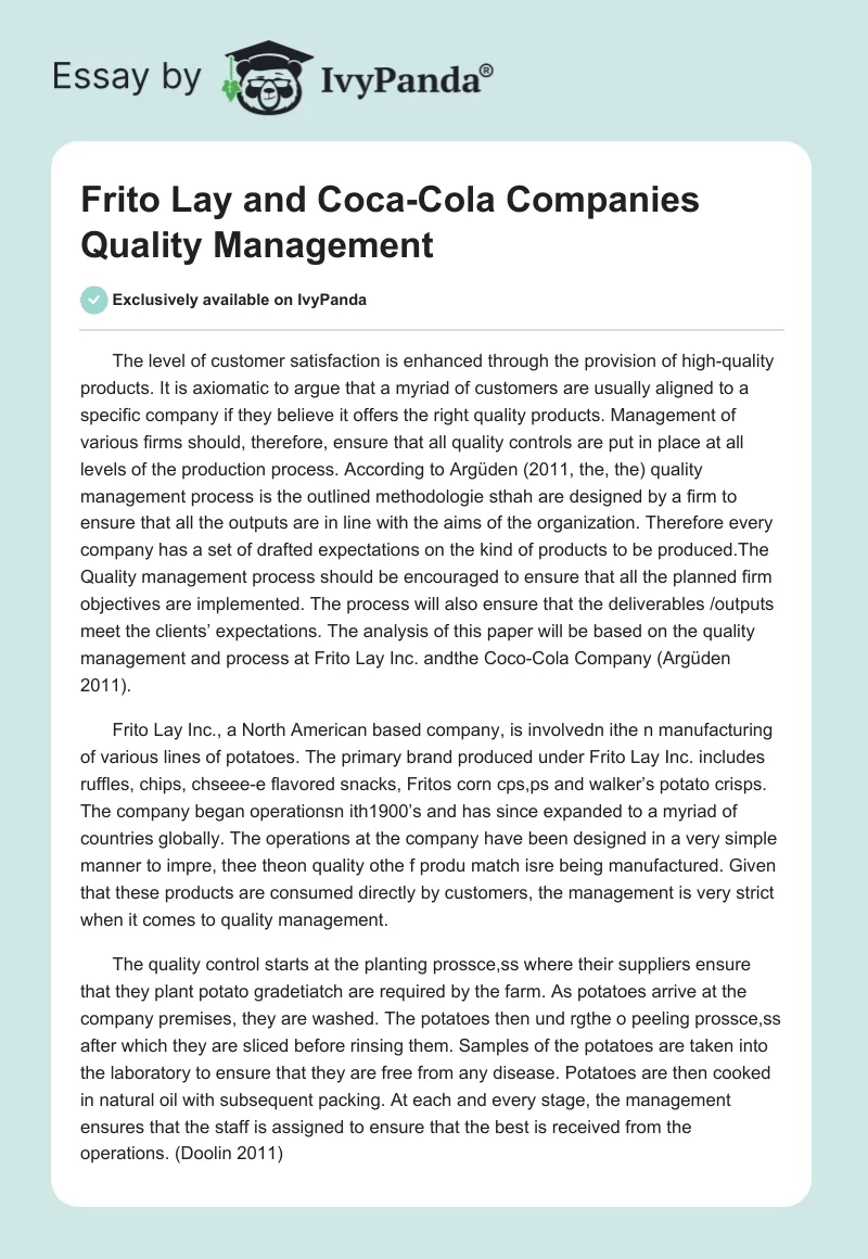 Frito Lay and Coca-Cola Companies Quality Management. Page 1
