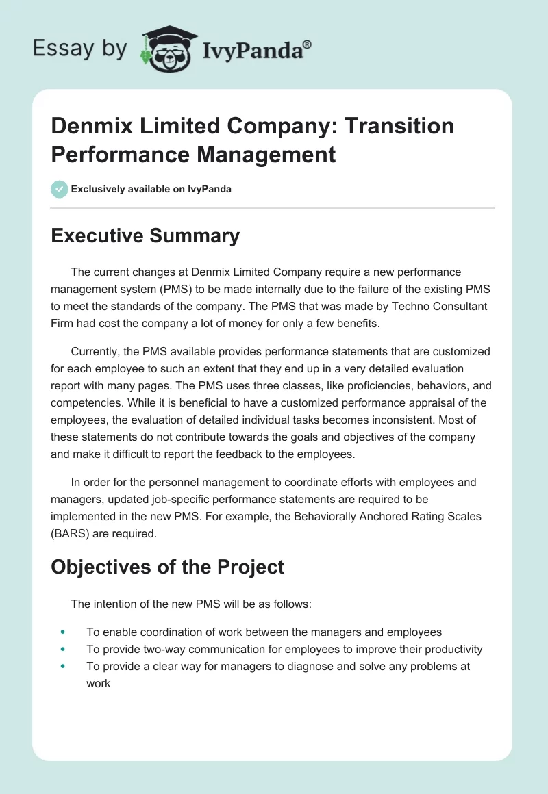 Denmix Limited Company: Transition Performance Management. Page 1