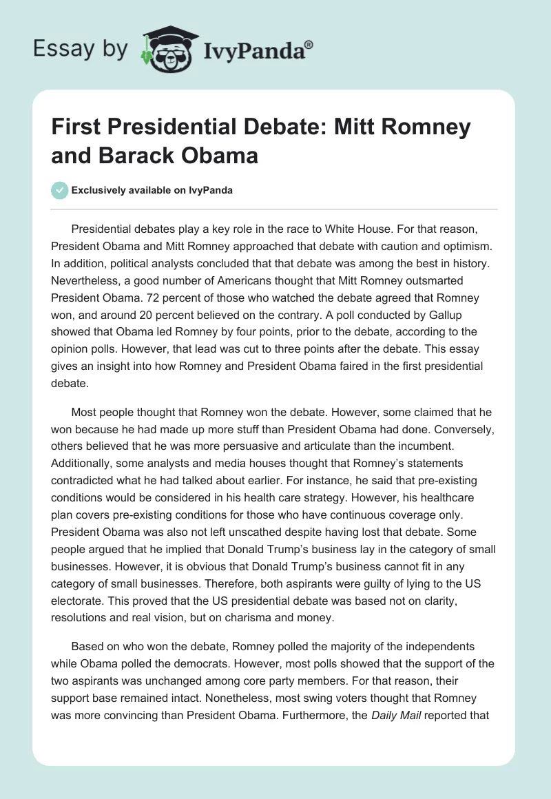 First Presidential Debate: Mitt Romney and Barack Obama. Page 1