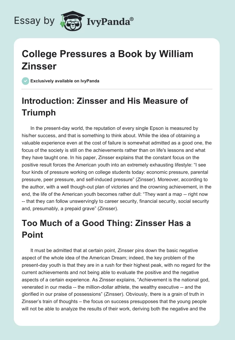 "College Pressures" a Book by William Zinsser. Page 1