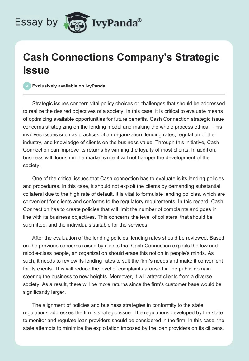 Cash Connections Company's Strategic Issue. Page 1