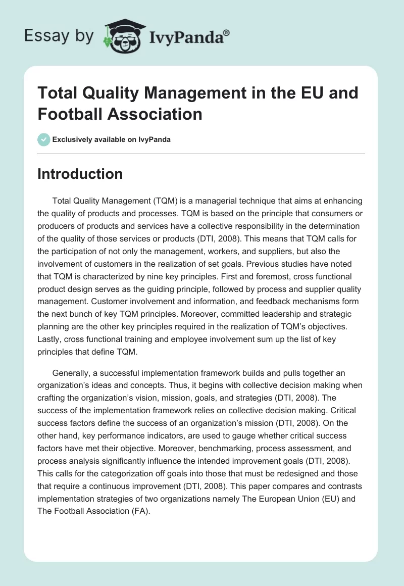 Total Quality Management in the EU and Football Association. Page 1