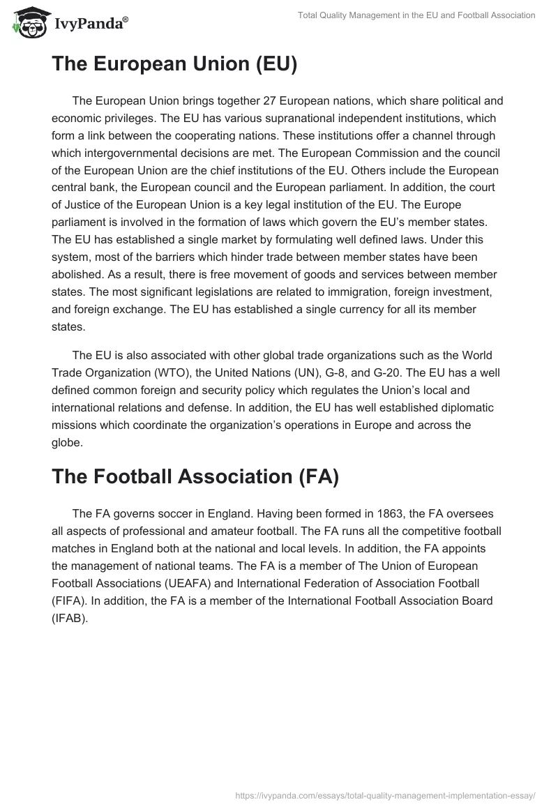 Total Quality Management in the EU and Football Association. Page 2