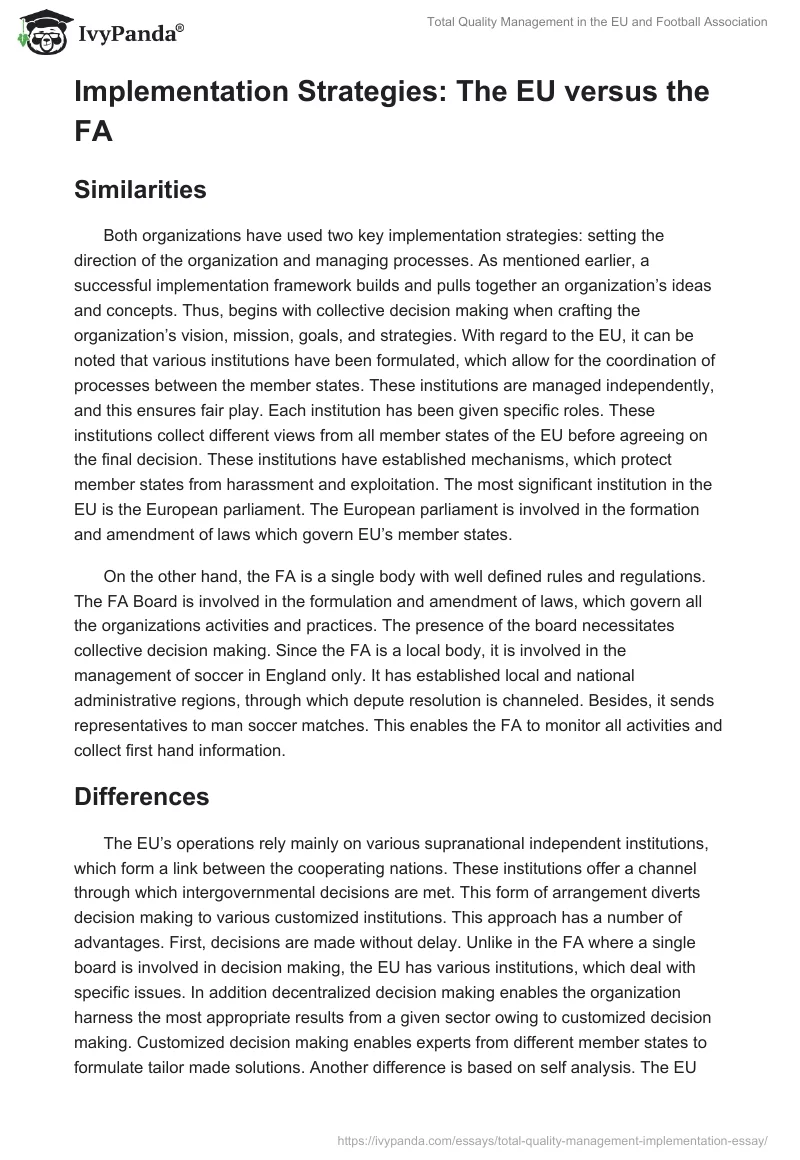 Total Quality Management in the EU and Football Association. Page 3