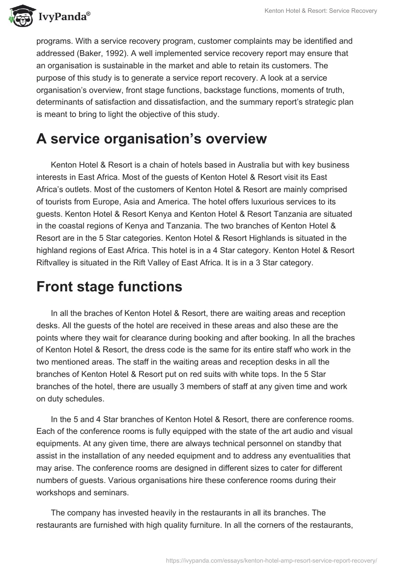 Kenton Hotel & Resort: Service Recovery. Page 2