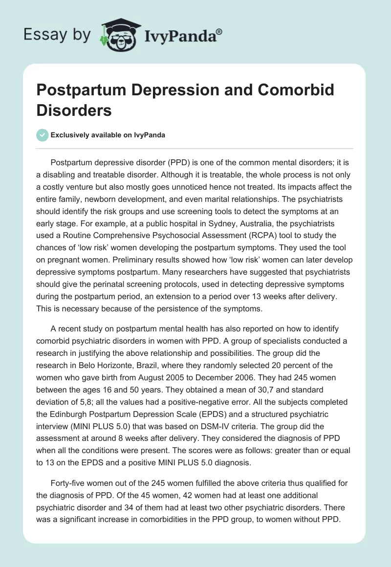 Postpartum Depression and Comorbid Disorders. Page 1