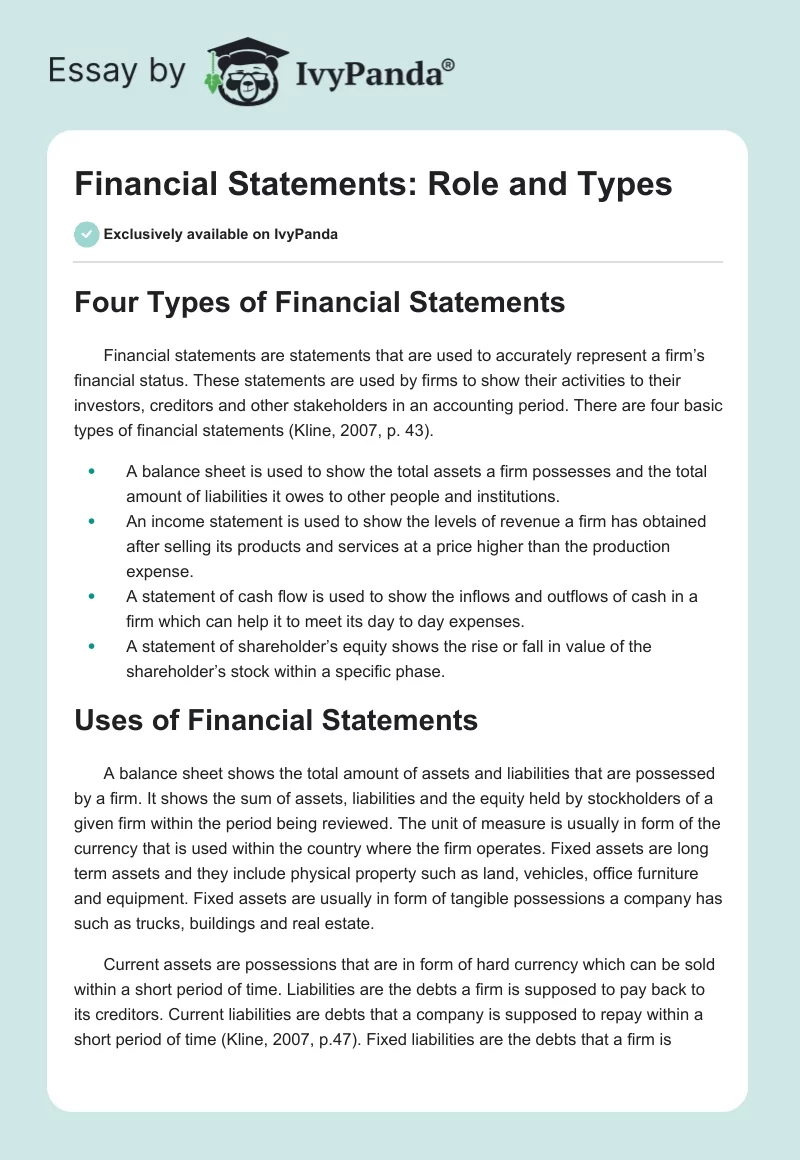 Financial Statements: Role and Types. Page 1