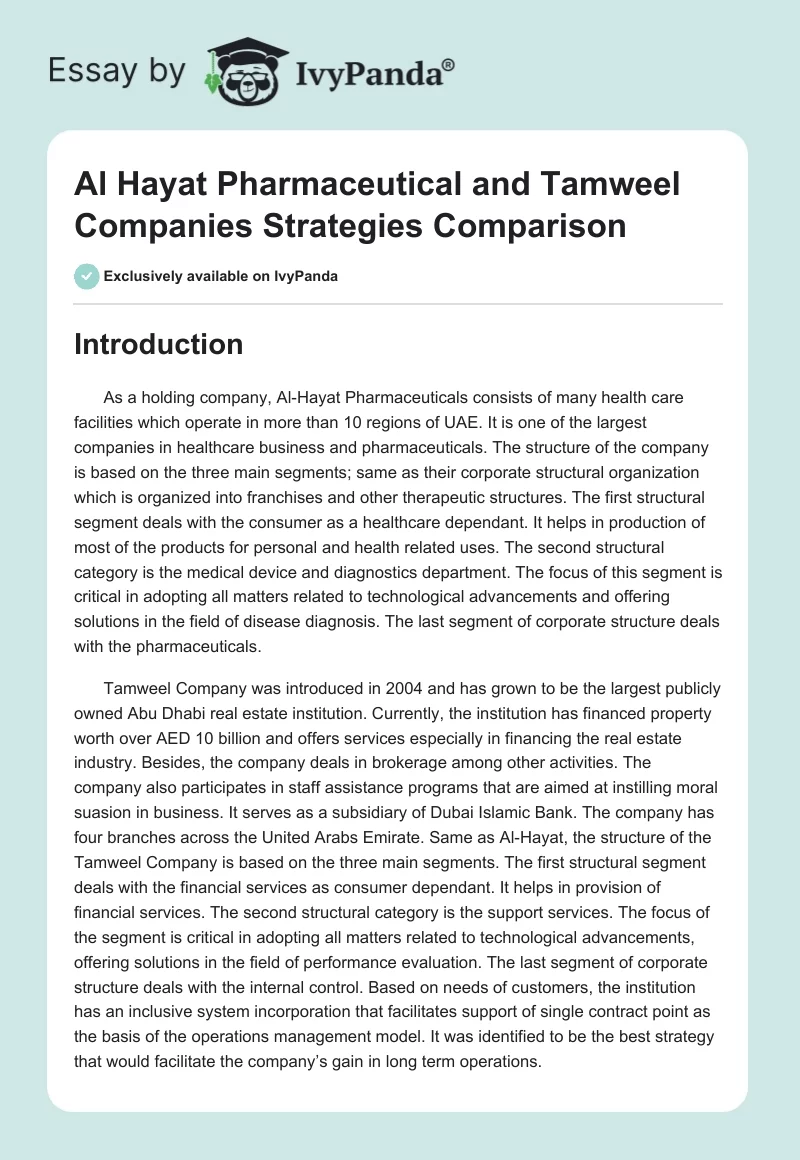 Al Hayat Pharmaceutical and Tamweel Companies Strategies Comparison. Page 1