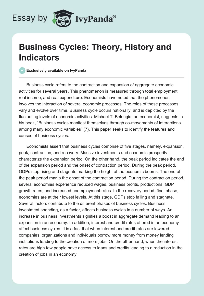 Business Cycles: Theory, History and Indicators. Page 1