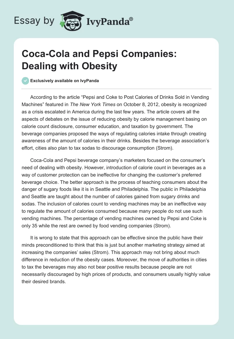 Coca-Cola and Pepsi Companies: Dealing With Obesity. Page 1