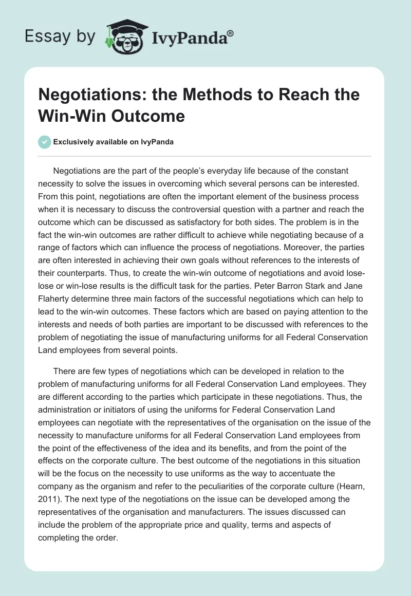 Negotiations: The Methods to Reach the Win-Win Outcome. Page 1