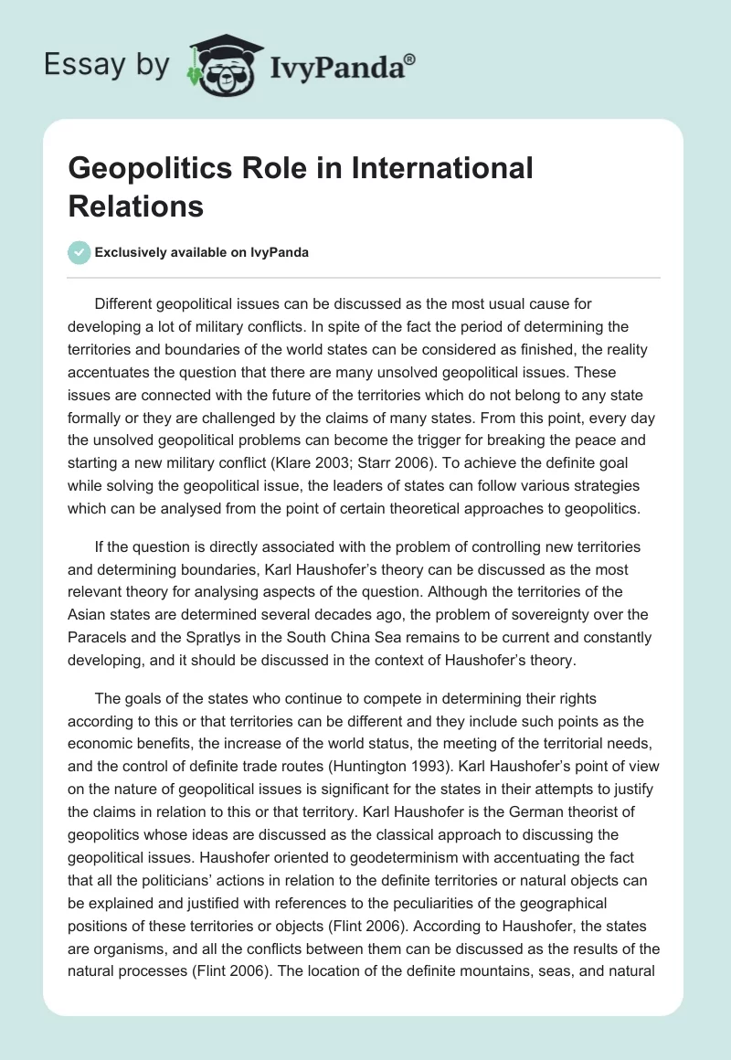 Geopolitics Role in International Relations. Page 1