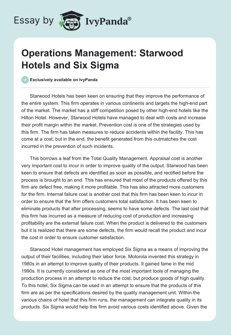 Operations Management: Starwood Hotels and Six Sigma. Page 1