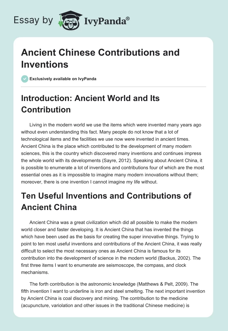 Ancient Chinese Contributions and Inventions. Page 1
