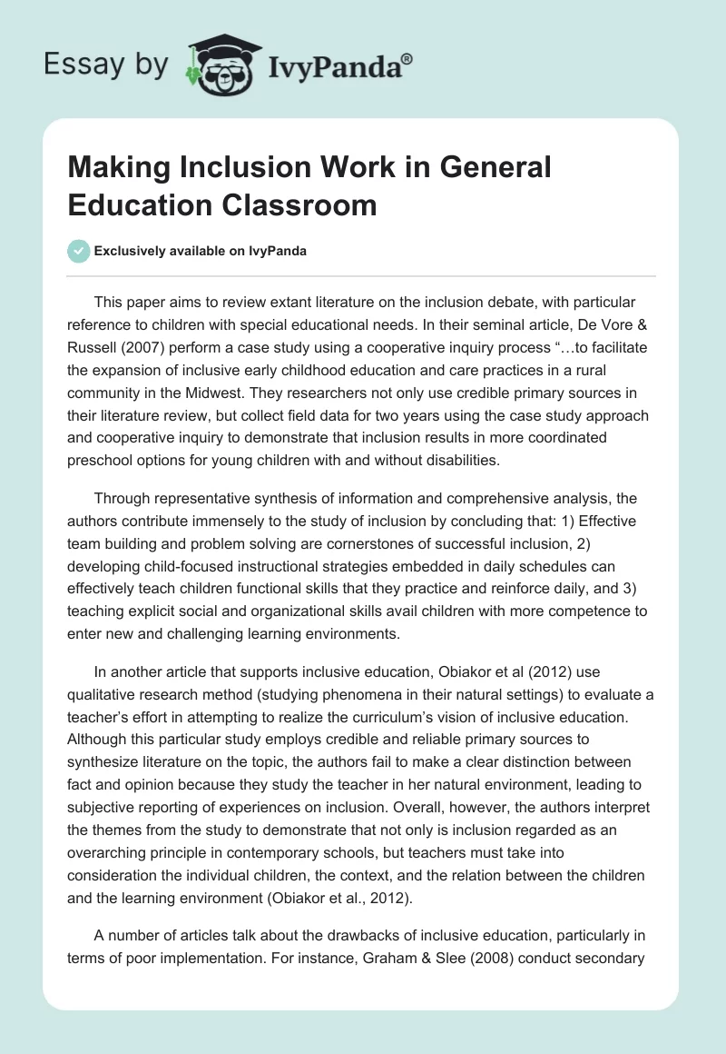 Making Inclusion Work in General Education Classroom. Page 1