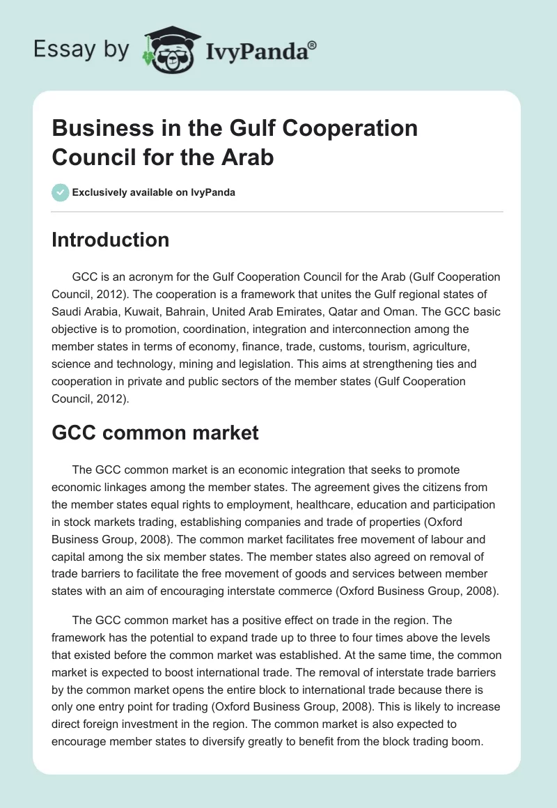 Business in the Gulf Cooperation Council for the Arab. Page 1