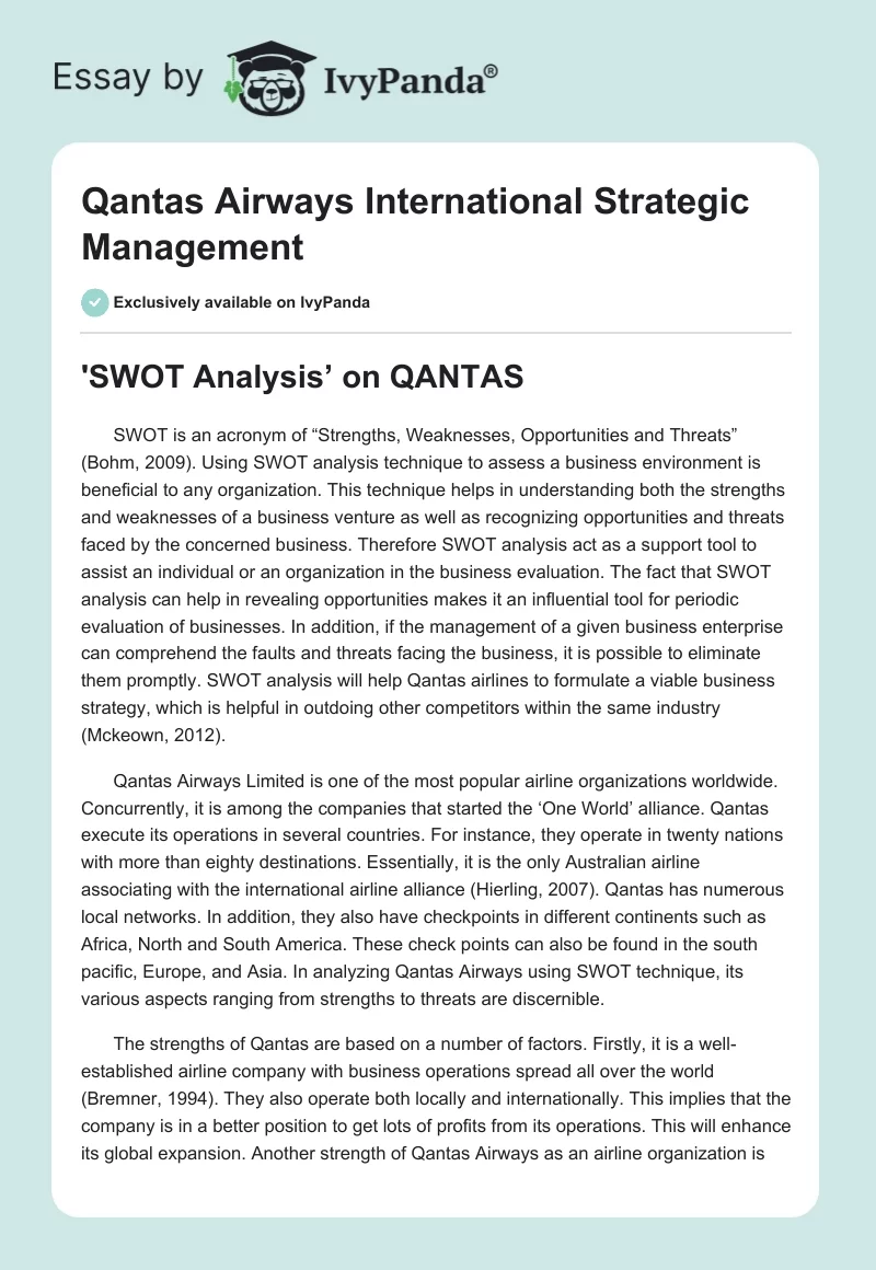 Qantas Airways International Strategic Management. Page 1