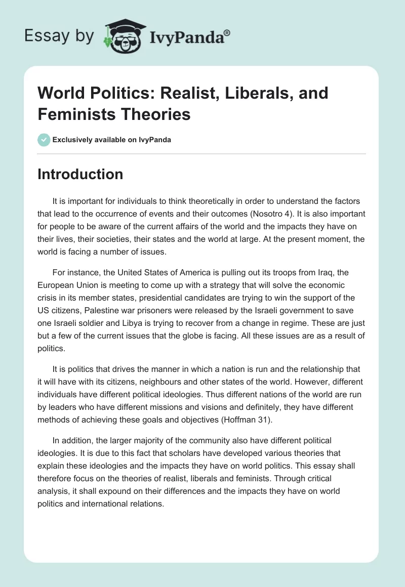 World Politics: Realist, Liberals, and Feminists Theories. Page 1