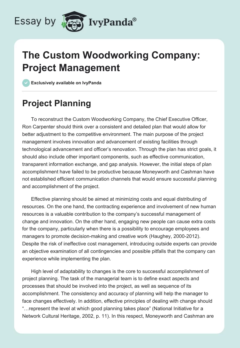 The Custom Woodworking Company: Project Management. Page 1
