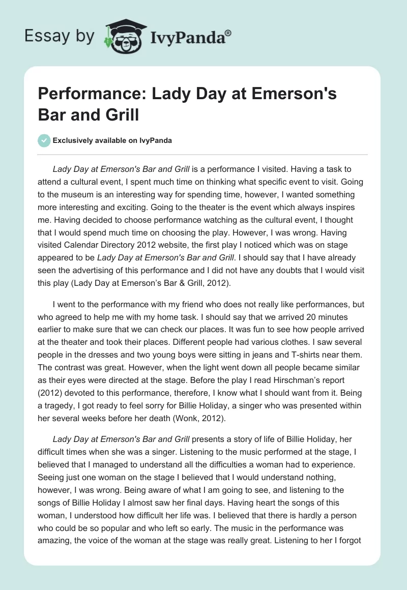 Performance: Lady Day at Emerson's Bar and Grill. Page 1