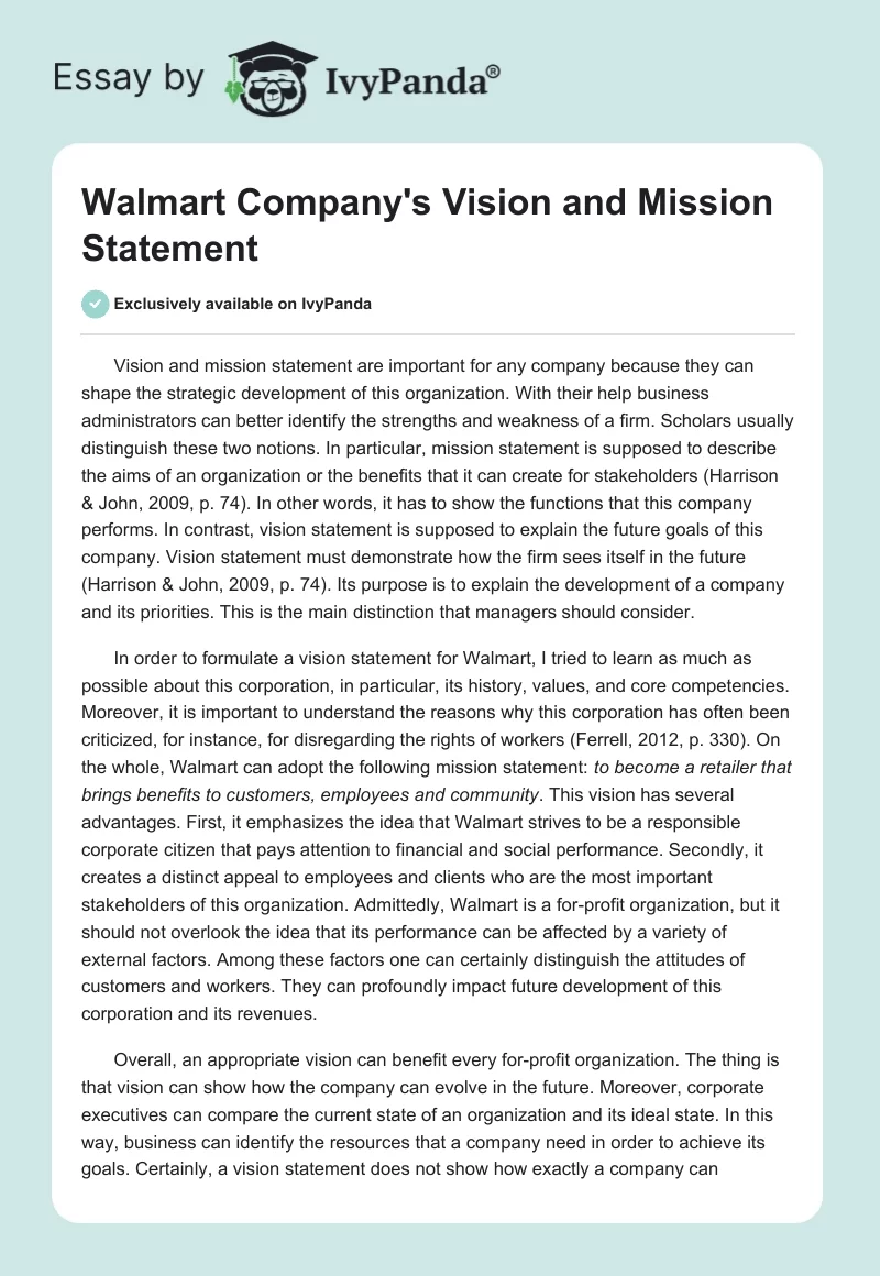 Walmart Company's Vision and Mission Statement. Page 1