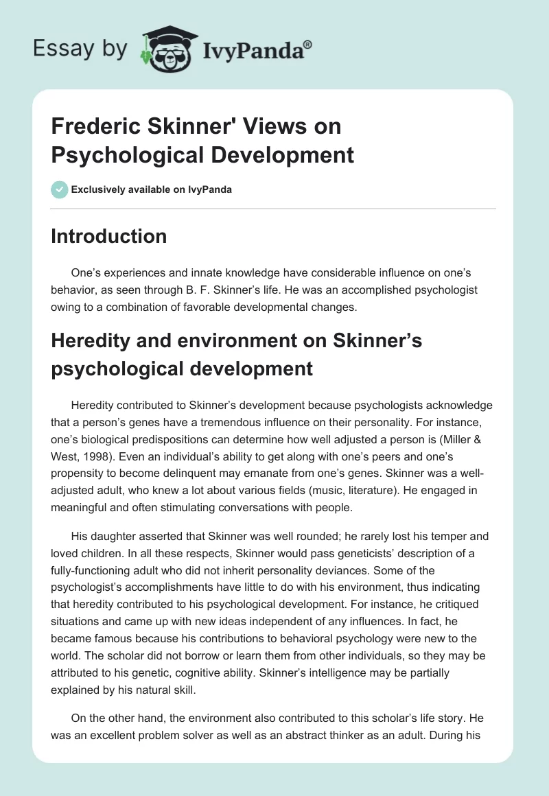 Frederic Skinner' Views on Psychological Development. Page 1