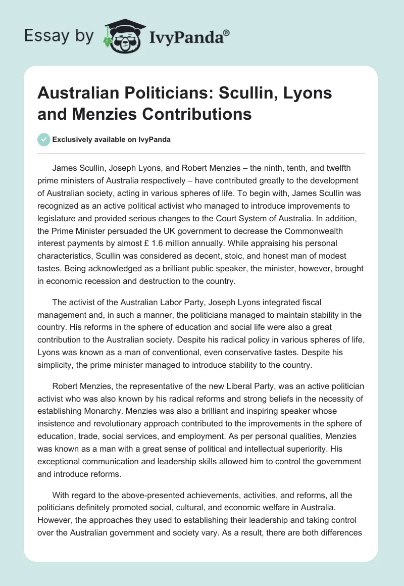 Australian Politicians: Scullin, Lyons and Menzies Contributions. Page 1