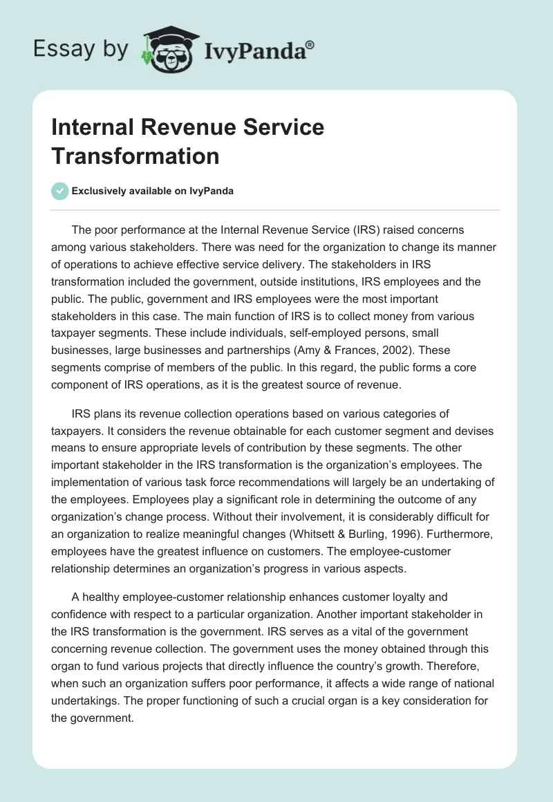 Internal Revenue Service Transformation. Page 1