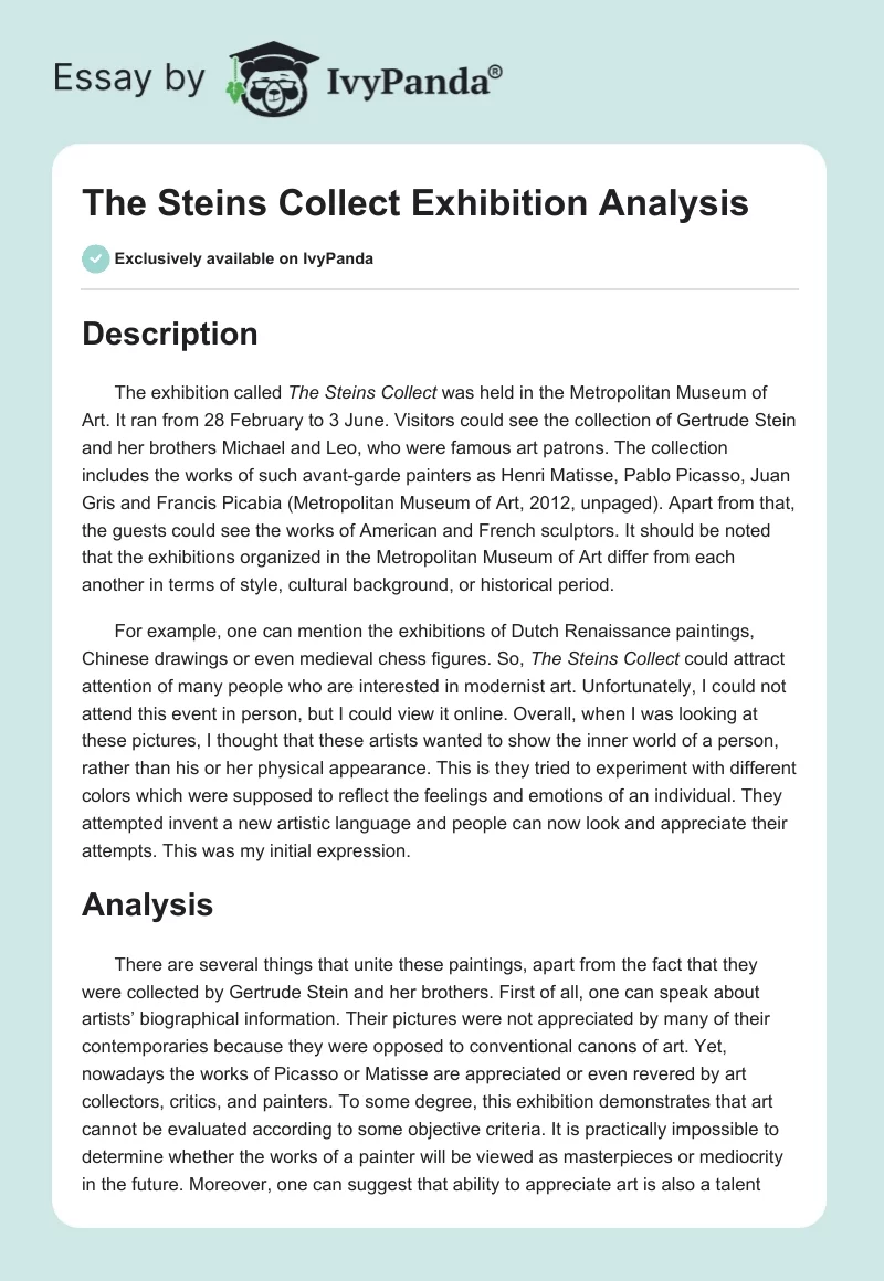 "The Steins Collect" Exhibition Analysis. Page 1