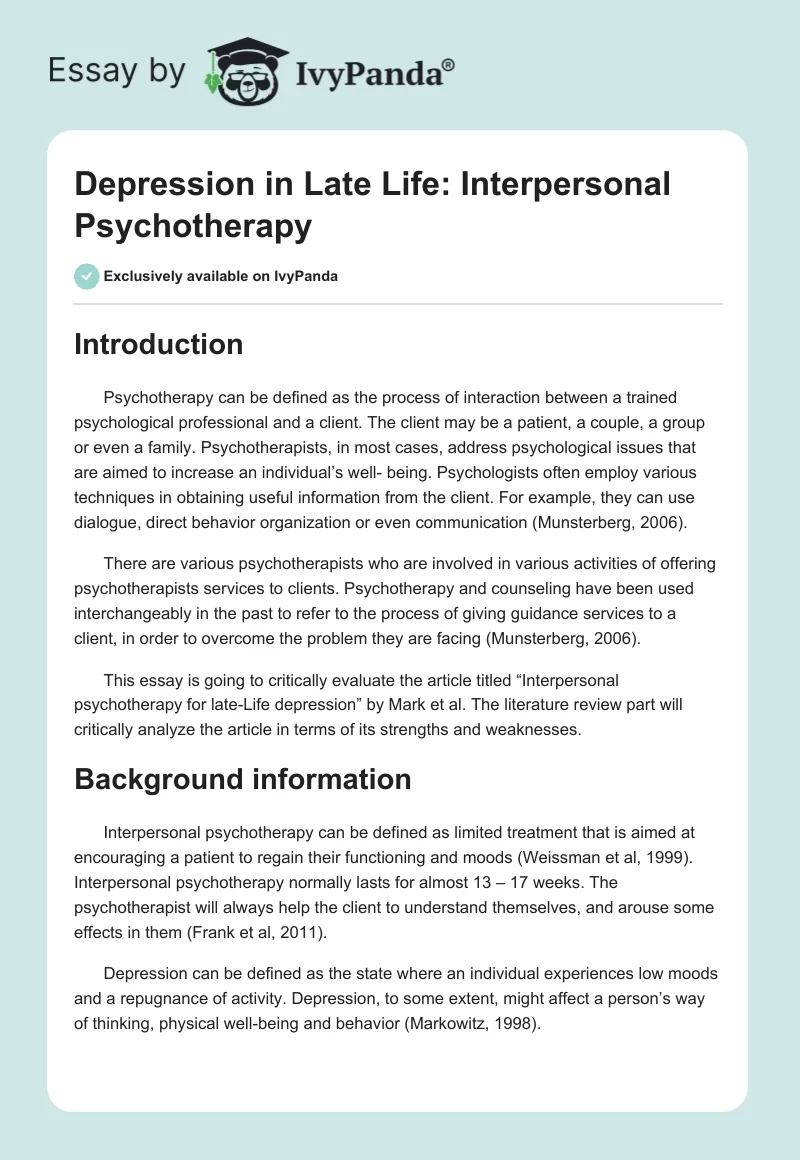 Depression in Late Life: Interpersonal Psychotherapy. Page 1