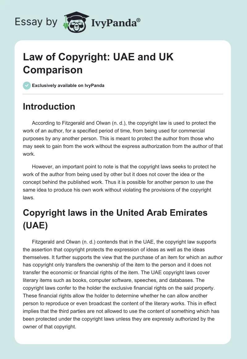 Law of Copyright: UAE and UK Comparison. Page 1