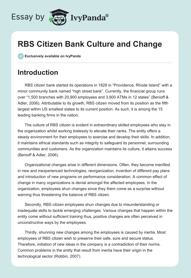 RBS Citizen Bank Culture and Change. Page 1