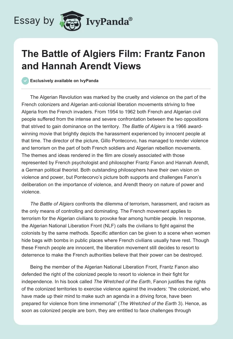 The Battle of Algiers Film: Frantz Fanon and Hannah Arendt Views. Page 1