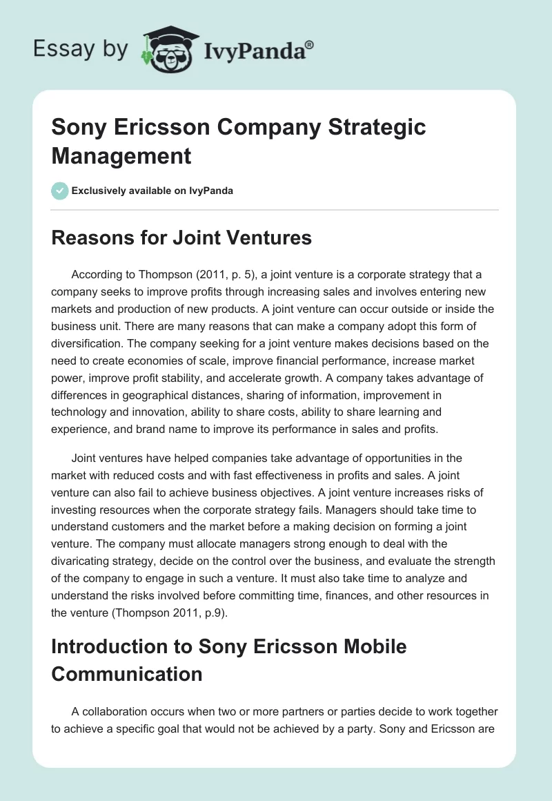 Sony Ericsson Company Strategic Management. Page 1