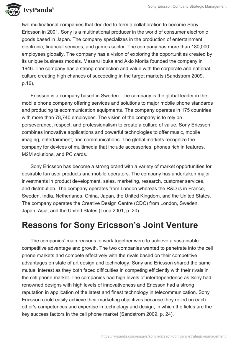 Sony Ericsson Company Strategic Management. Page 2