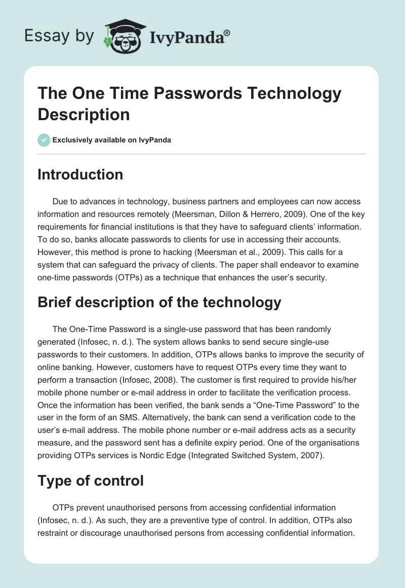 The One Time Passwords Technology Description. Page 1
