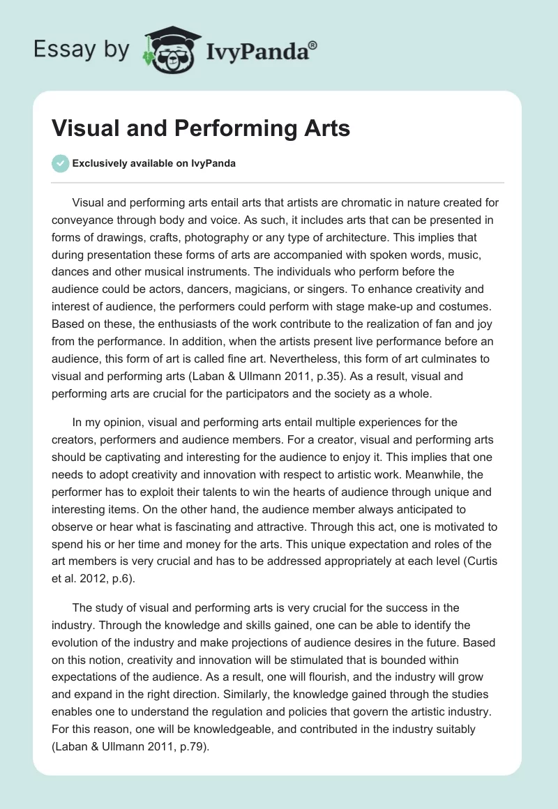 Visual and Performing Arts. Page 1