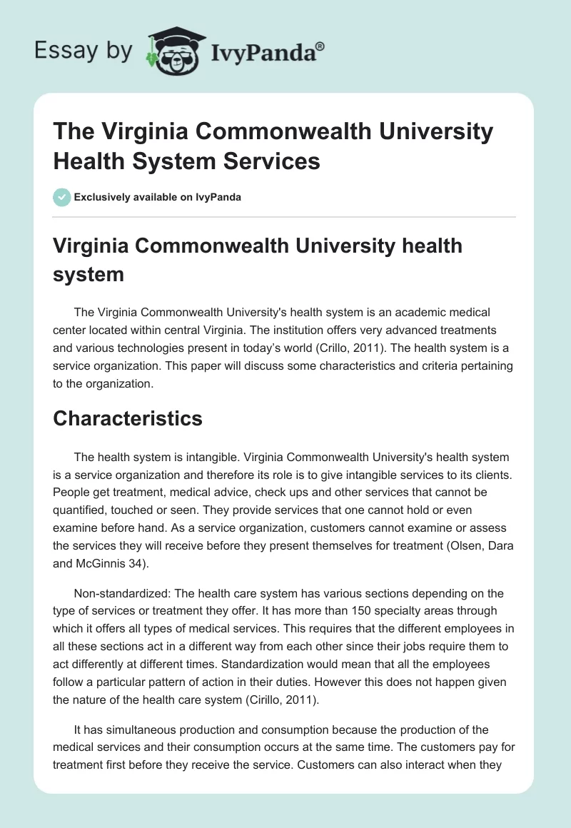 The Virginia Commonwealth University Health System Services. Page 1