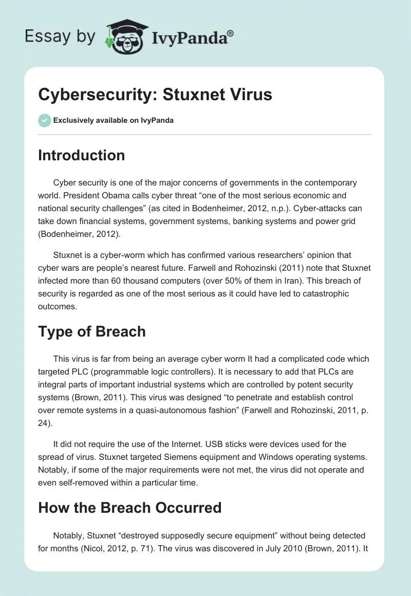 Cybersecurity: Stuxnet Virus. Page 1