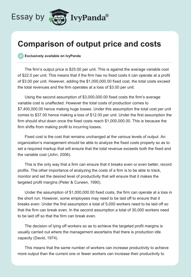 Comparison of output price and costs. Page 1