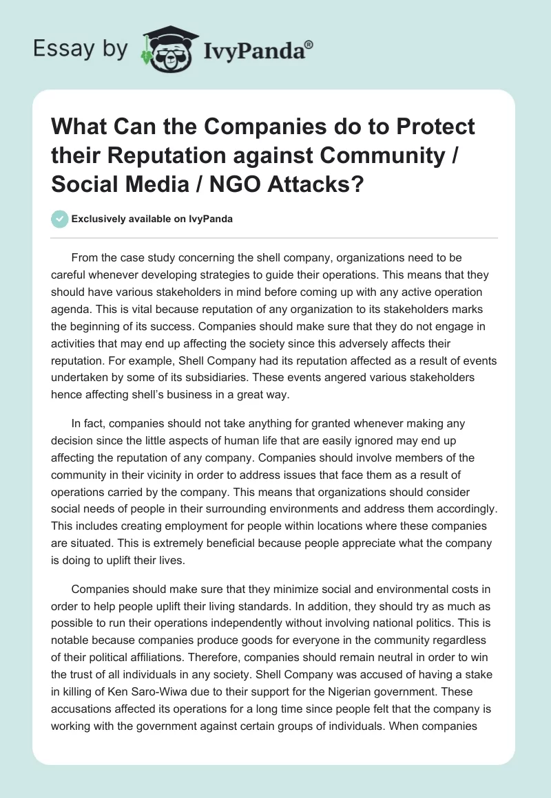 What Can the Companies do to Protect their Reputation against Community / Social Media / NGO Attacks?. Page 1