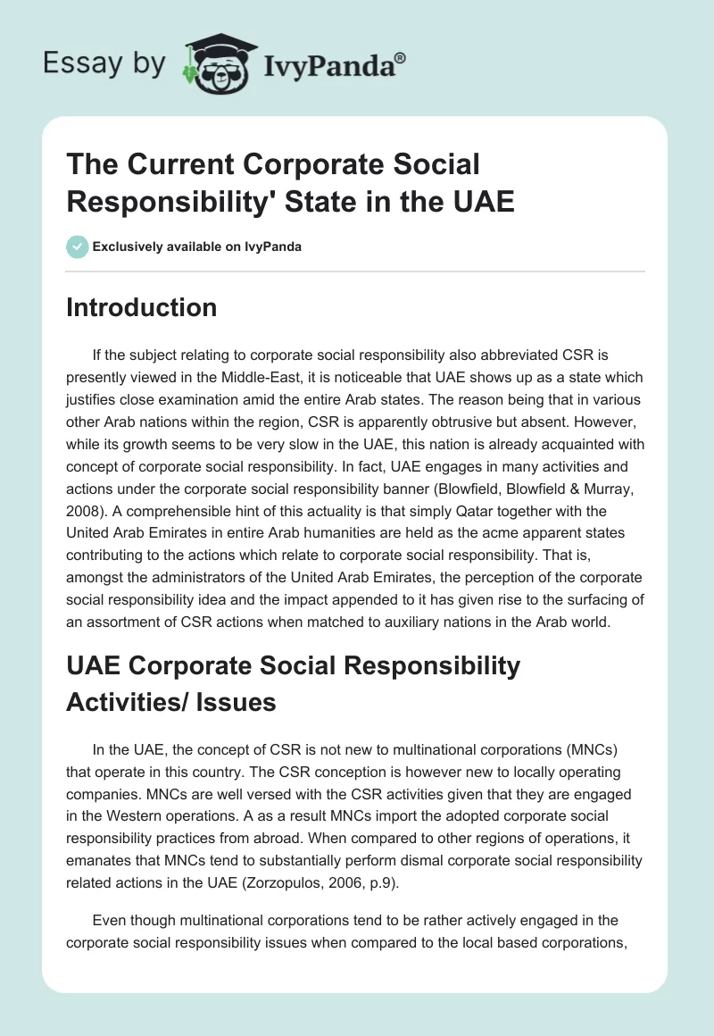 The Current Corporate Social Responsibility' State in the UAE. Page 1