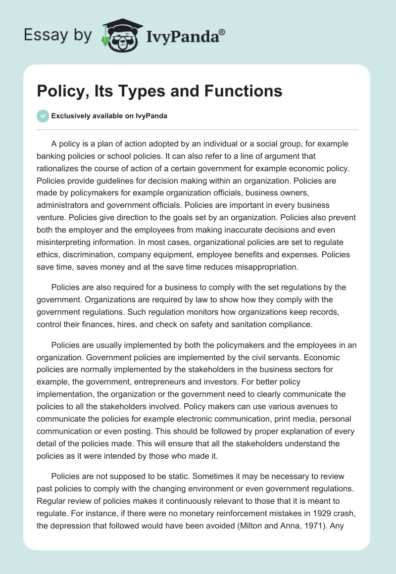 Policy, Its Types and Functions. Page 1