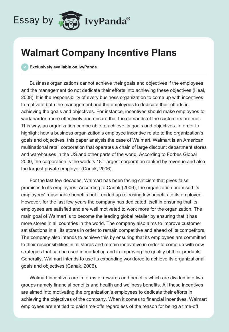 Walmart Company Incentive Plans. Page 1