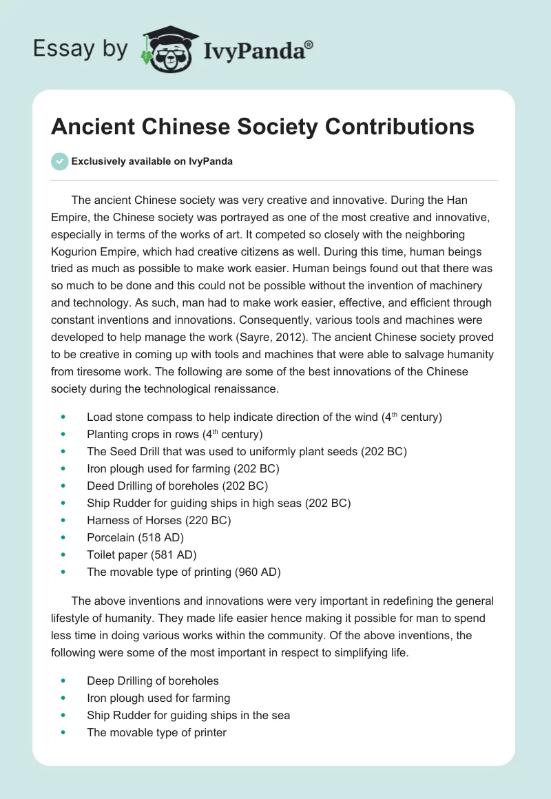 Ancient Chinese Society Contributions. Page 1